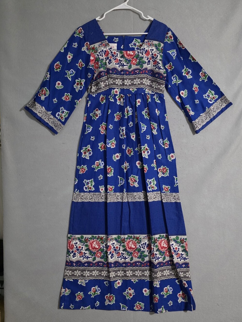 Vtg 70s Danville Womens Trompe L'oeil Lace Print Prairie Maxi Dress Union Size S